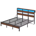 Bestier Letto Matrimoniale Queen Size con LED, Struttura Letto in Metallo con Testiera Contenitore e Stazione di Ricarica, Base Materasso con Struttura Robusta, Noce