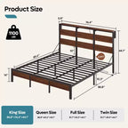 Bestier Letto Matrimoniale Queen Size con LED, Struttura Letto in Metallo con Testiera Contenitore e Stazione di Ricarica, Base Materasso con Struttura Robusta, Noce
