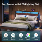 Bestier Letto Matrimoniale Queen Size con LED, Struttura Letto in Metallo con Testiera Contenitore e Stazione di Ricarica, Base Materasso con Struttura Robusta, Noce