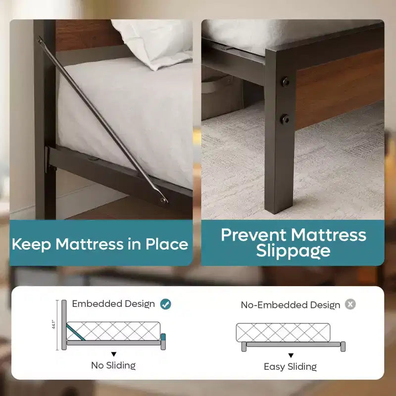 Bestier Letto Matrimoniale Queen Size con LED, Struttura Letto in Metallo con Testiera Contenitore e Stazione di Ricarica, Base Materasso con Struttura Robusta, Noce