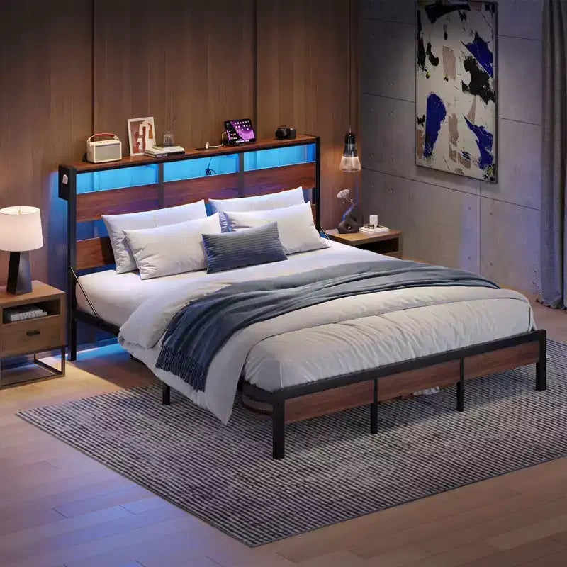 Bestier Letto Matrimoniale Queen Size con LED, Struttura Letto in Metallo con Testiera Contenitore e Stazione di Ricarica, Base Materasso con Struttura Robusta, Noce