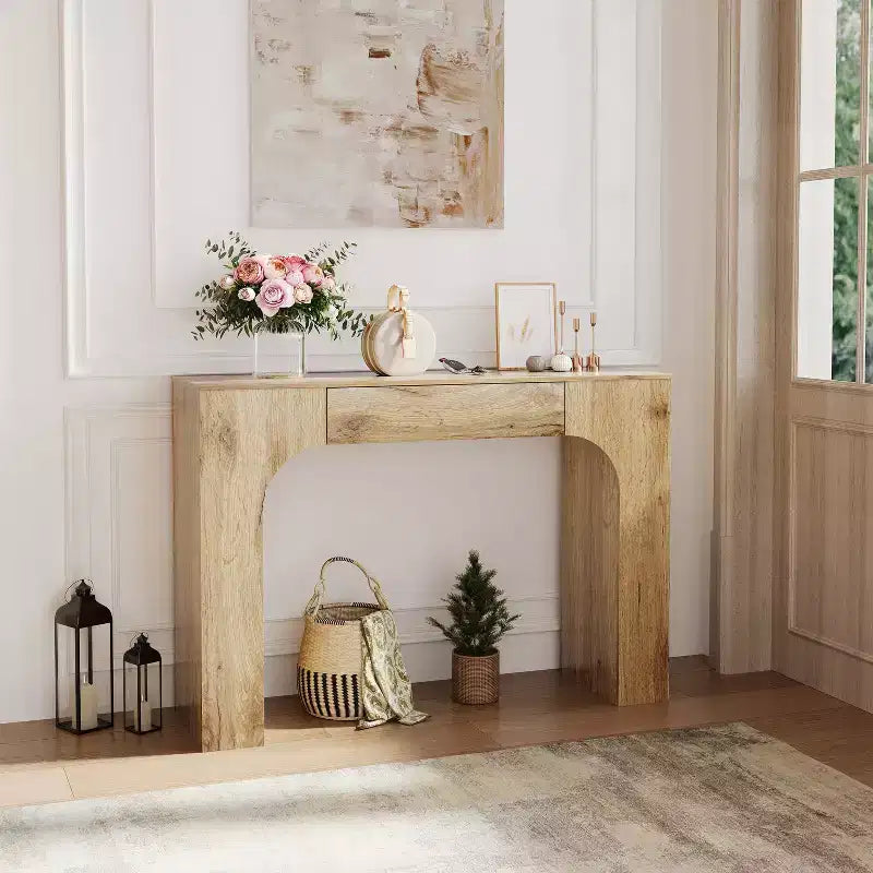 Consolle Lunga con Cassetto, Tavolo Rettangolare in Legno Dietro il Divano, Tavoli da Ingresso in Stile Rustico per Anticamera, Soggiorno