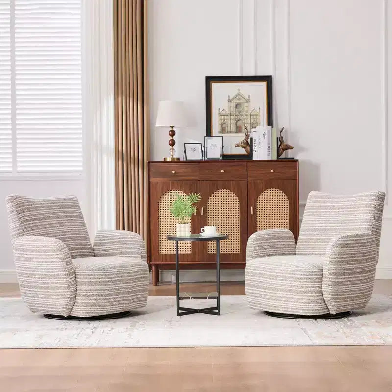 Poltrona Girevole Okak Mid-Century in Tessuto a Righe con Design Estetico, Poltrona Relax per Soggiorni, Zone Relax