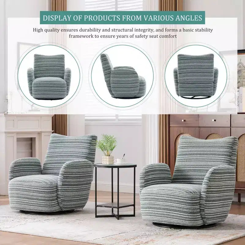 Poltrona Girevole Okak Mid-Century in Tessuto a Righe con Design Estetico, Poltrona Relax per Soggiorni, Zone Relax