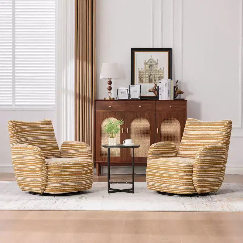 Poltrona Girevole Okak Mid-Century in Tessuto a Righe con Design Estetico, Poltrona Relax per Soggiorni, Zone Relax