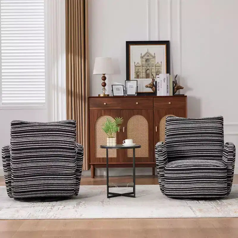 Poltrona Girevole Okak Mid-Century in Tessuto a Righe con Design Estetico, Poltrona Relax per Soggiorni, Zone Relax