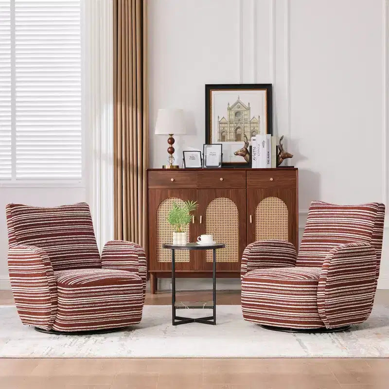 Poltrona Girevole Okak Mid-Century in Tessuto a Righe con Design Estetico, Poltrona Relax per Soggiorni, Zone Relax