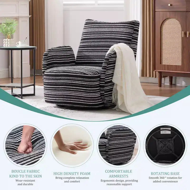 Poltrona Girevole Okak Mid-Century in Tessuto a Righe con Design Estetico, Poltrona Relax per Soggiorni, Zone Relax