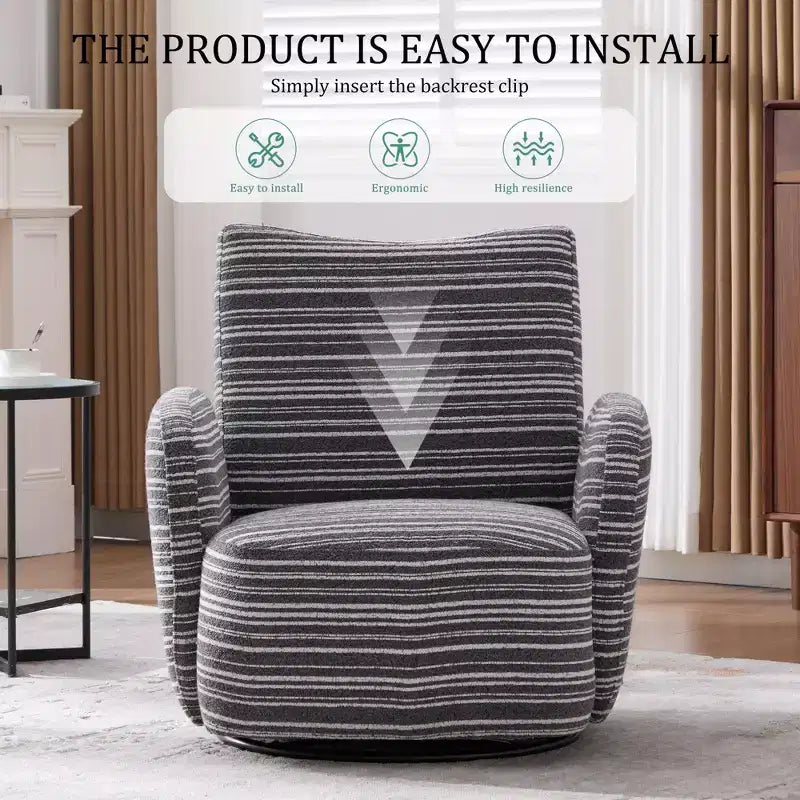 Poltrona Girevole Okak Mid-Century in Tessuto a Righe con Design Estetico, Poltrona Relax per Soggiorni, Zone Relax