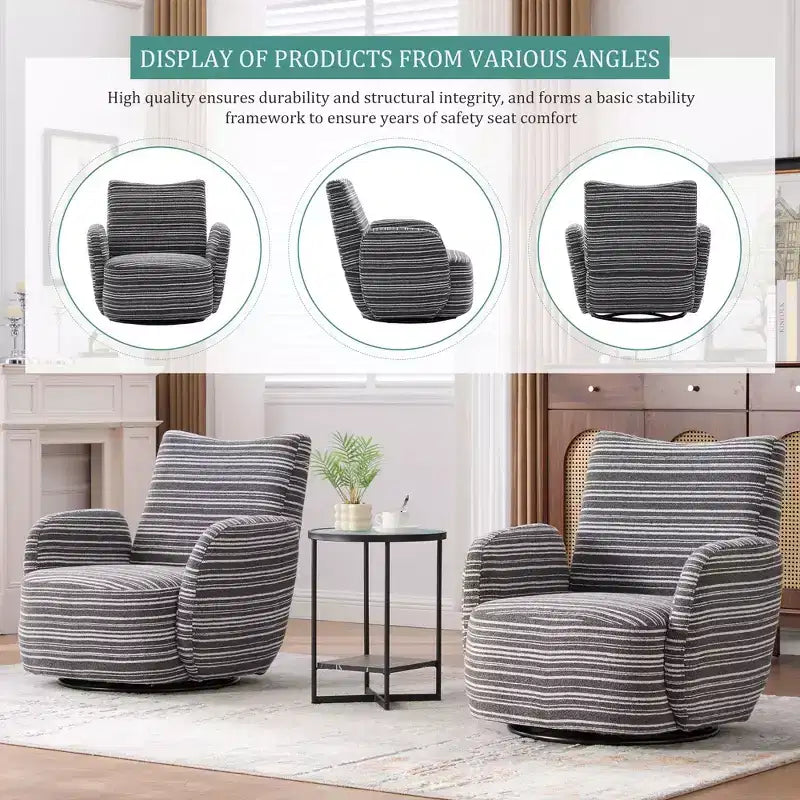 Poltrona Girevole Okak Mid-Century in Tessuto a Righe con Design Estetico, Poltrona Relax per Soggiorni, Zone Relax