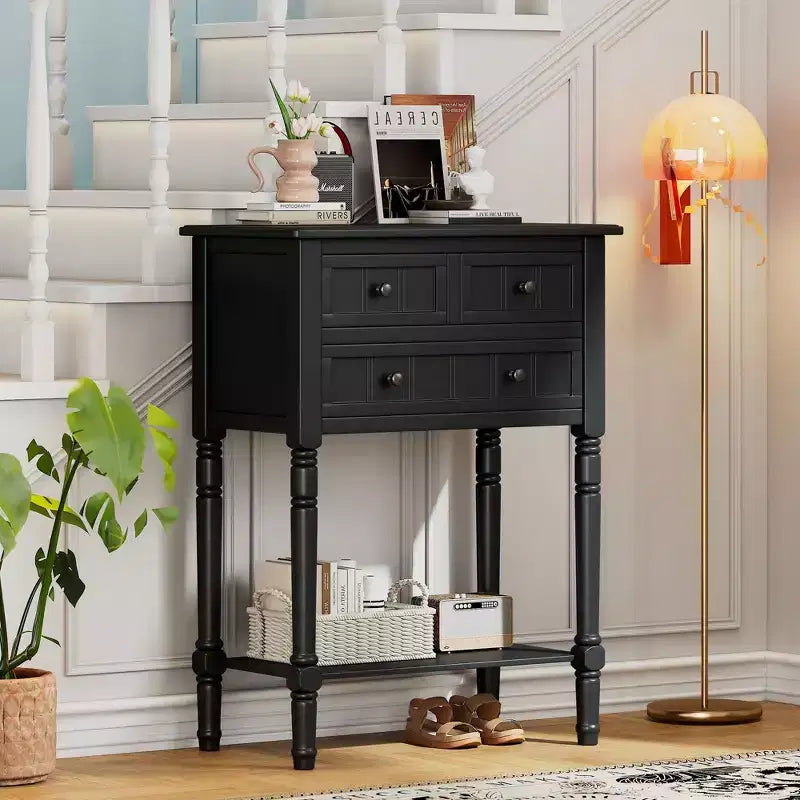 Tavolino consolle stretto retrò Okak 23.7IN, Tavolino da ingresso con tre cassetti e ripiano inferiore, Tavolo da corridoio per soggiorno, Ingresso
