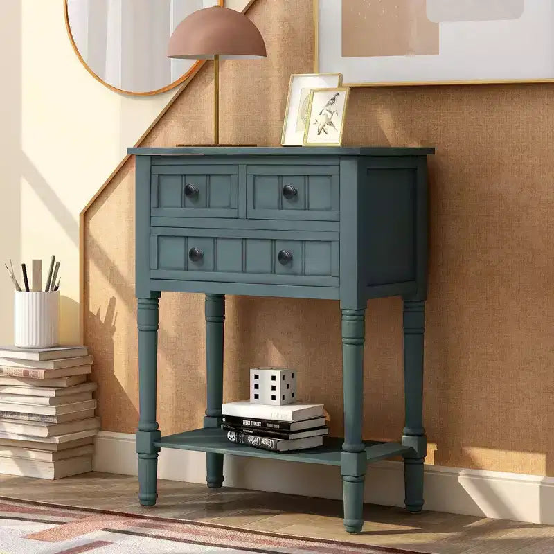 Tavolino consolle stretto retrò Okak 23.7IN, Tavolino da ingresso con tre cassetti e ripiano inferiore, Tavolo da corridoio per soggiorno, Ingresso