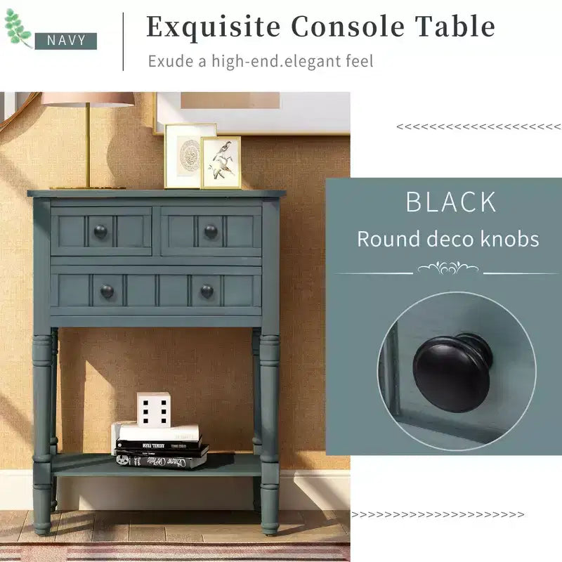 Tavolino consolle stretto retrò Okak 23.7IN, Tavolino da ingresso con tre cassetti e ripiano inferiore, Tavolo da corridoio per soggiorno, Ingresso