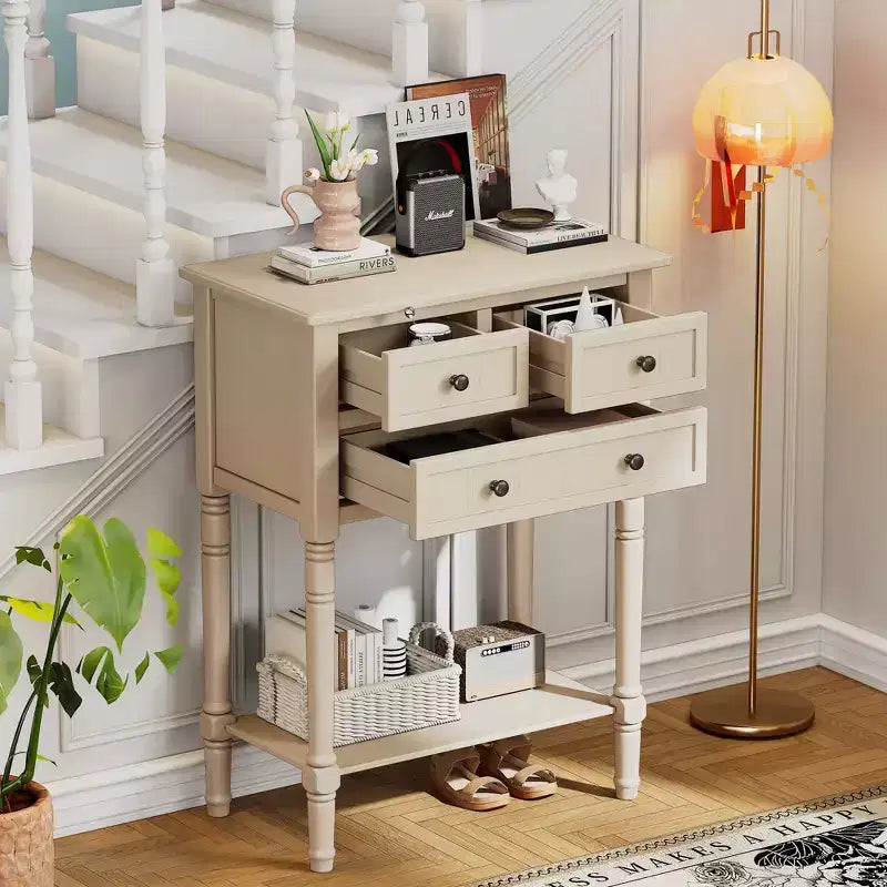 Tavolino consolle stretto retrò Okak 23.7IN, Tavolino da ingresso con tre cassetti e ripiano inferiore, Tavolo da corridoio per soggiorno, Ingresso