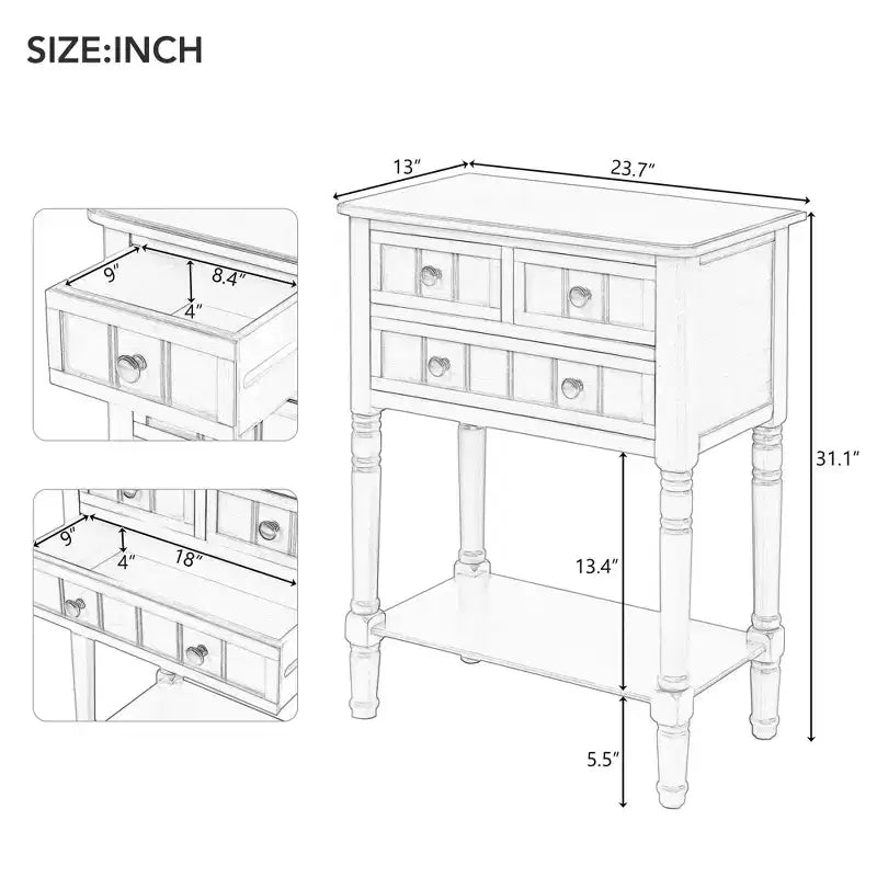 Tavolino consolle stretto retrò Okak 23.7IN, Tavolino da ingresso con tre cassetti e ripiano inferiore, Tavolo da corridoio per soggiorno, Ingresso