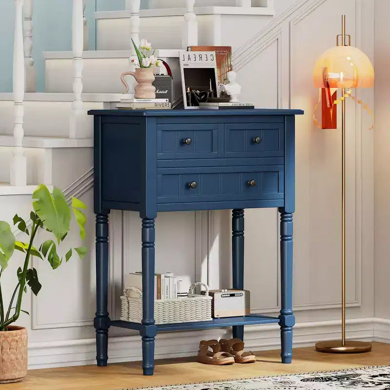 Tavolino consolle stretto retrò Okak 23.7IN, Tavolino da ingresso con tre cassetti e ripiano inferiore, Tavolo da corridoio per soggiorno, Ingresso