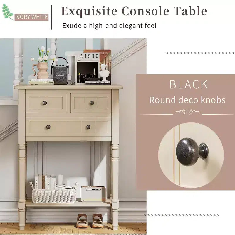 Tavolino consolle stretto retrò Okak 23.7IN, Tavolino da ingresso con tre cassetti e ripiano inferiore, Tavolo da corridoio per soggiorno, Ingresso