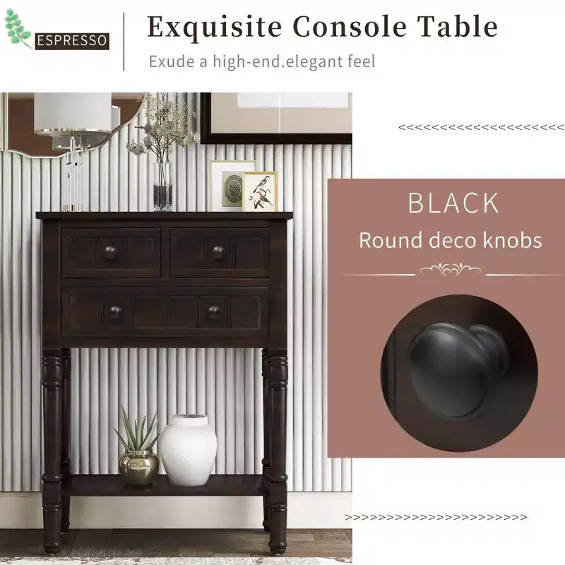 Tavolino consolle stretto retrò Okak 23.7IN, Tavolino da ingresso con tre cassetti e ripiano inferiore, Tavolo da corridoio per soggiorno, Ingresso