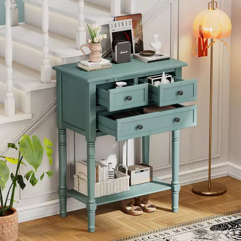 Tavolino consolle stretto retrò Okak 23.7IN, Tavolino da ingresso con tre cassetti e ripiano inferiore, Tavolo da corridoio per soggiorno, Ingresso