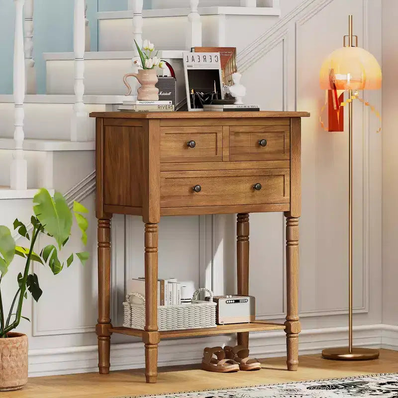 Tavolino consolle stretto retrò Okak 23.7IN, Tavolino da ingresso con tre cassetti e ripiano inferiore, Tavolo da corridoio per soggiorno, Ingresso