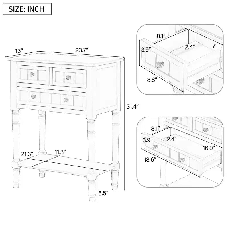 Tavolino consolle stretto retrò Okak 23.7IN, Tavolino da ingresso con tre cassetti e ripiano inferiore, Tavolo da corridoio per soggiorno, Ingresso