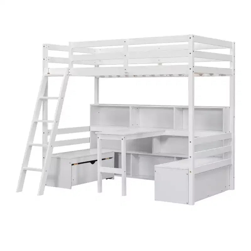 Okak 79.53IN Letto a soppalco a una piazza con scrivania, struttura letto con scaffali, sedili e cassetti, letto a soppalco a una piazza per camera da letto, camera dei bambini