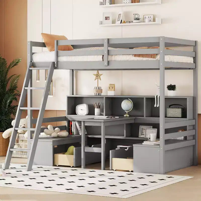 Okak 79.53IN Letto a soppalco a una piazza con scrivania, struttura letto con scaffali, sedili e cassetti, letto a soppalco a una piazza per camera da letto, camera dei bambini