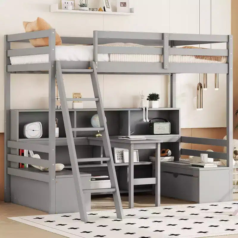 Okak 79.53IN Letto a soppalco a una piazza con scrivania, struttura letto con scaffali, sedili e cassetti, letto a soppalco a una piazza per camera da letto, camera dei bambini