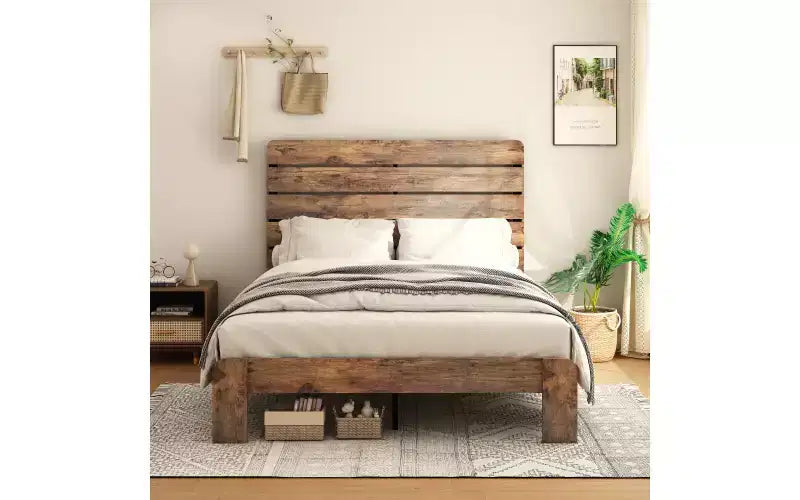 Zevemomo Struttura Letto Matrimoniale, Struttura Letto Matrimoniale Robusta, Letto a Piattaforma con Testiera e Pediera in Legno, Silenzioso, Nessuna Rete a Molle Necessaria, Marrone