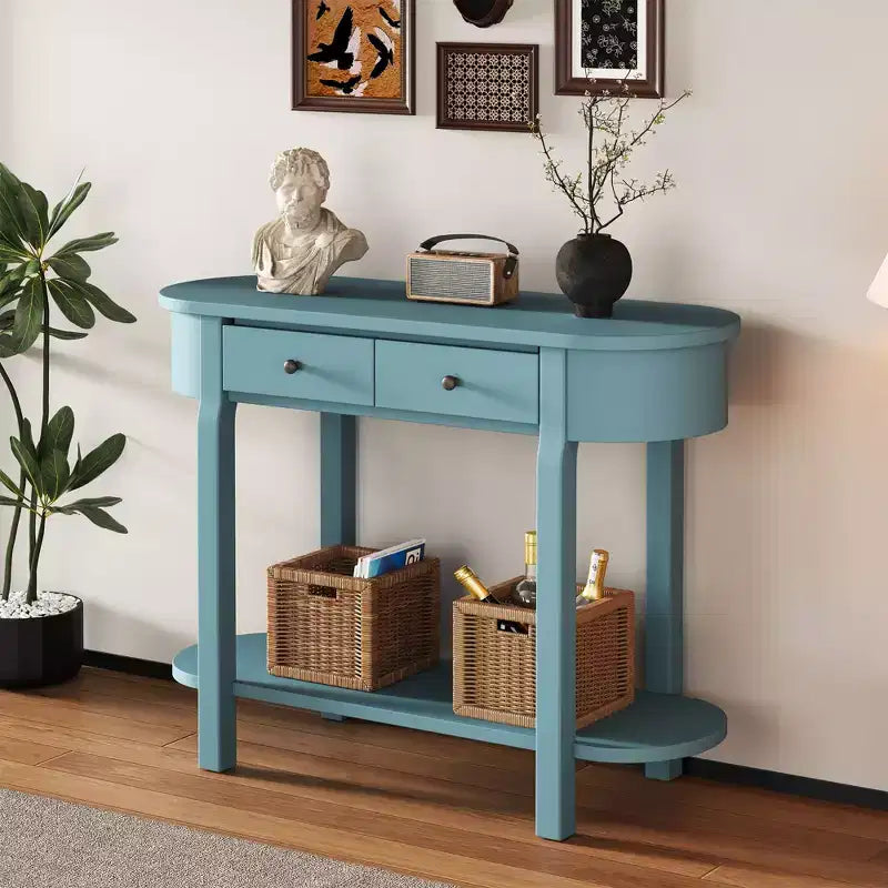 Tavolo Consolle Elegante Okak con Finitura Liscia, Tavolo d'Ingresso dal Design Curvo e 2 Cassetti, Tavolo d'Appoggio per Soggiorno, Corridoio