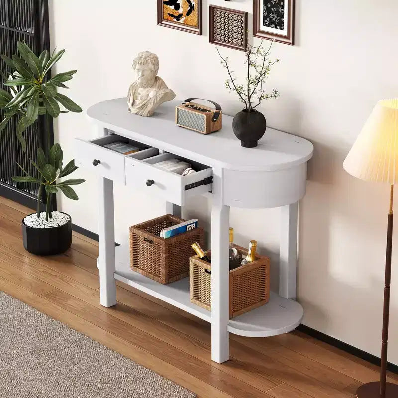 Tavolo Consolle Elegante Okak con Finitura Liscia, Tavolo d'Ingresso dal Design Curvo e 2 Cassetti, Tavolo d'Appoggio per Soggiorno, Corridoio