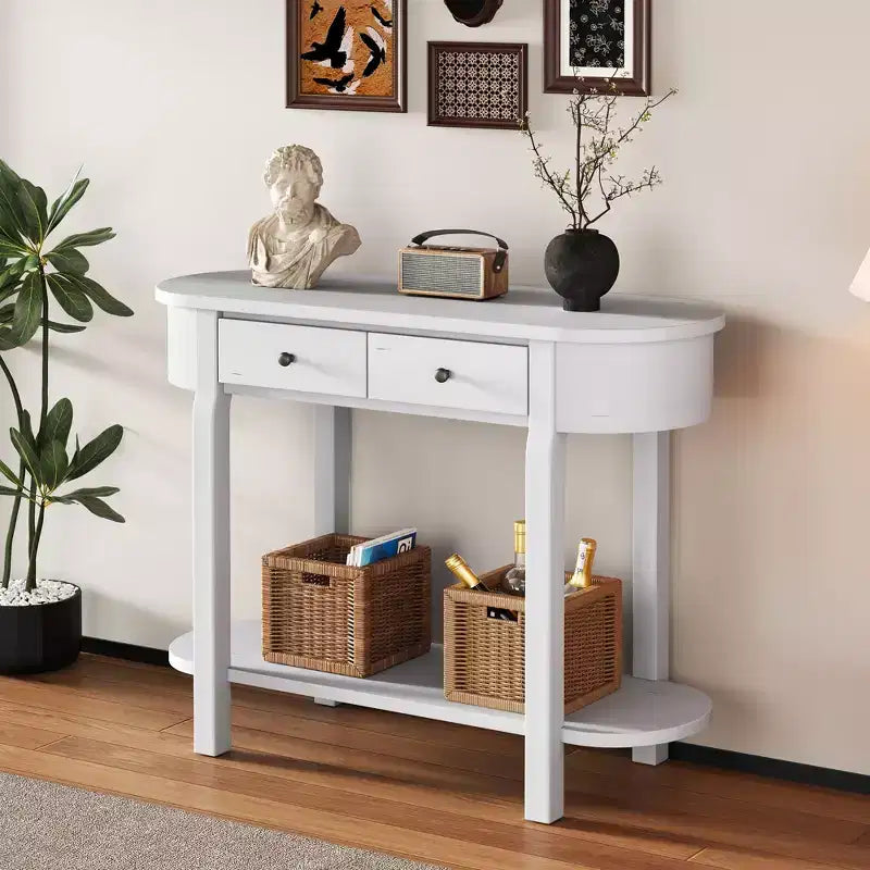 Tavolo Consolle Elegante Okak con Finitura Liscia, Tavolo d'Ingresso dal Design Curvo e 2 Cassetti, Tavolo d'Appoggio per Soggiorno, Corridoio