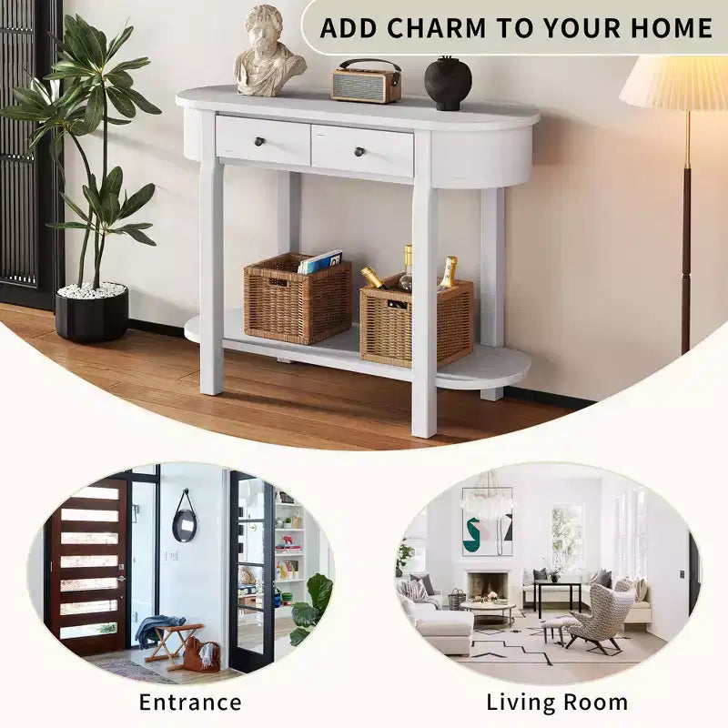 Tavolo Consolle Elegante Okak con Finitura Liscia, Tavolo d'Ingresso dal Design Curvo e 2 Cassetti, Tavolo d'Appoggio per Soggiorno, Corridoio