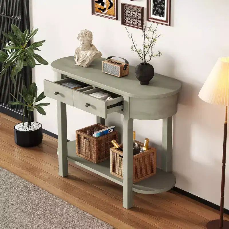 Tavolo Consolle Elegante Okak con Finitura Liscia, Tavolo d'Ingresso dal Design Curvo e 2 Cassetti, Tavolo d'Appoggio per Soggiorno, Corridoio