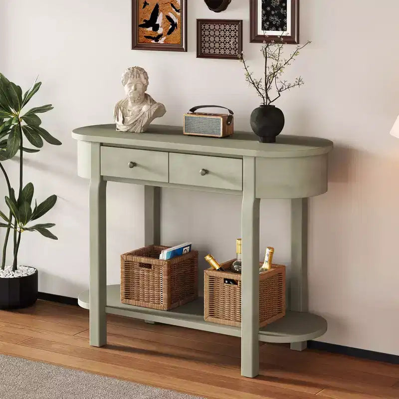 Tavolo Consolle Elegante Okak con Finitura Liscia, Tavolo d'Ingresso dal Design Curvo e 2 Cassetti, Tavolo d'Appoggio per Soggiorno, Corridoio
