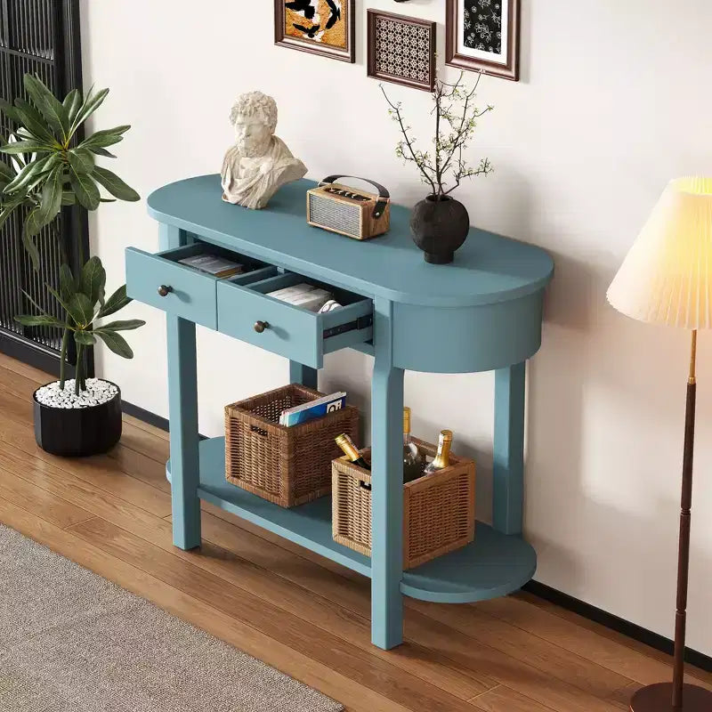 Tavolo Consolle Elegante Okak con Finitura Liscia, Tavolo d'Ingresso dal Design Curvo e 2 Cassetti, Tavolo d'Appoggio per Soggiorno, Corridoio