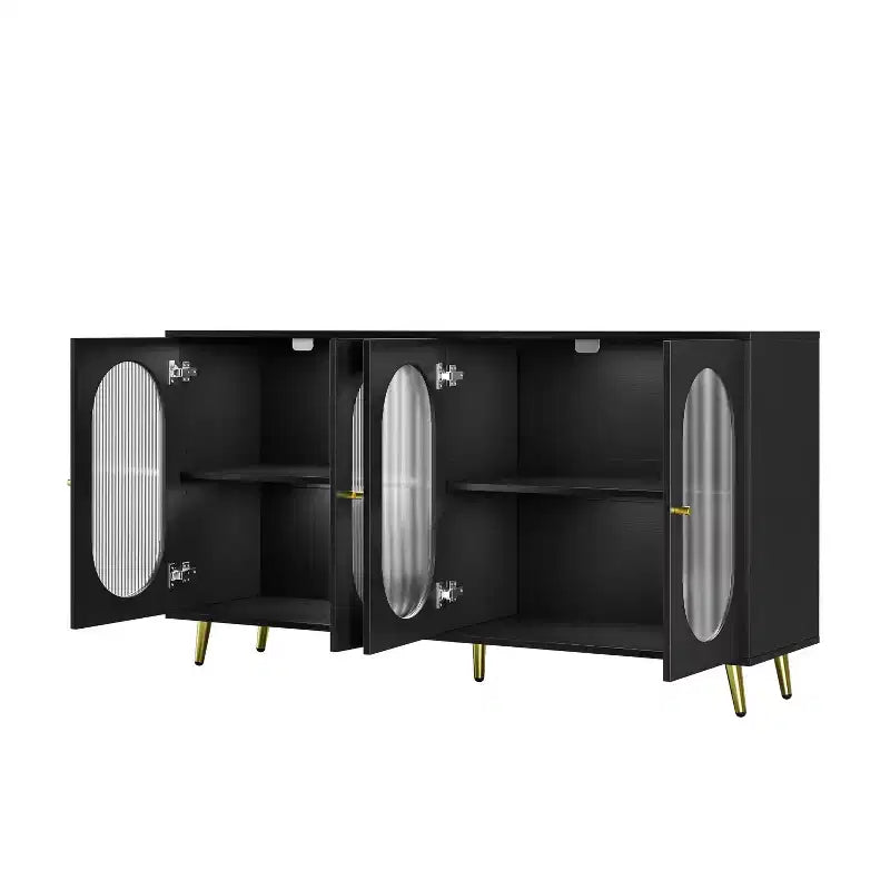 Homy Casa Credenza Decorativa a 4 Ante con Ante Scanalate e Gambe in Metallo per Soggiorno o Sala da Pranzo, Nera