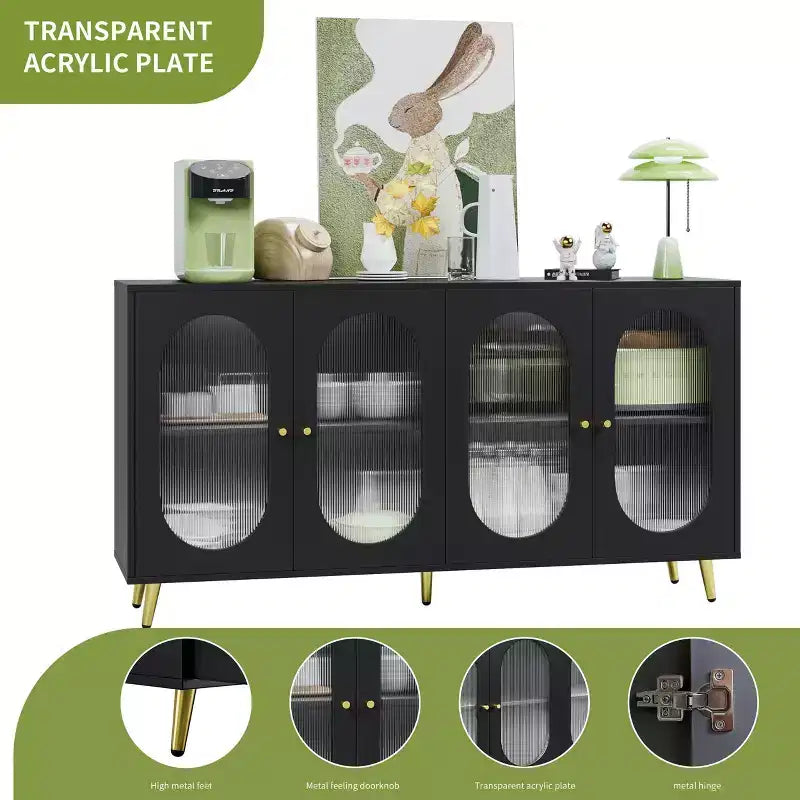 Homy Casa Credenza Decorativa a 4 Ante con Ante Scanalate e Gambe in Metallo per Soggiorno o Sala da Pranzo, Nera