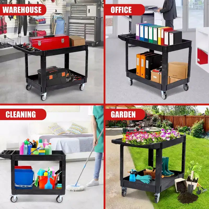 CuisinSmart Carrello di servizio a 2 ripiani, grande e resistente, carrello multiuso con ruote girevoli a 360° e ripiano sovradimensionato, per magazzino, garage, pulizia