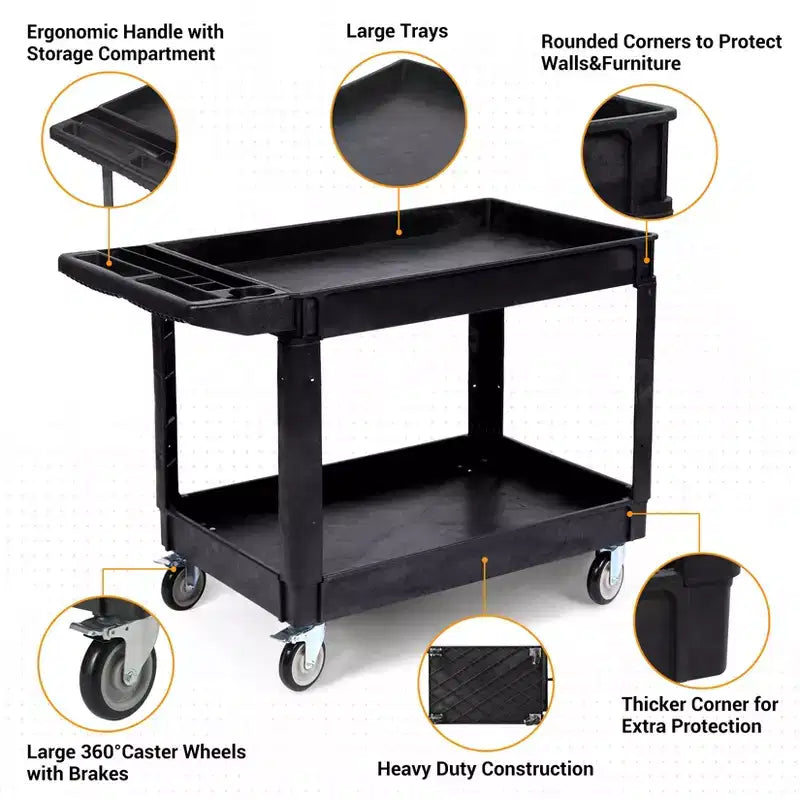 CuisinSmart Carrello di servizio a 2 ripiani, grande e resistente, carrello multiuso con ruote girevoli a 360° e ripiano sovradimensionato, per magazzino, garage, pulizia