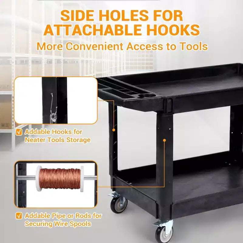CuisinSmart Carrello di servizio a 2 ripiani, grande e resistente, carrello multiuso con ruote girevoli a 360° e ripiano sovradimensionato, per magazzino, garage, pulizia