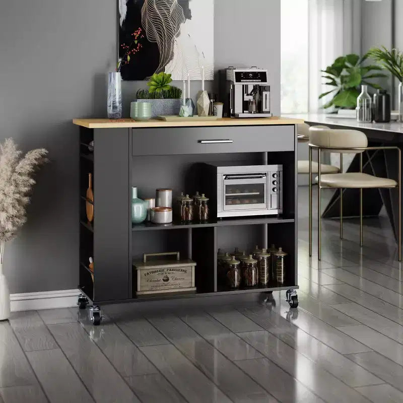 Celebalcony Rolling Kitchen Island with Storage Cabinet. Include 3 Tier Spice Rack, Lockable Wheels & Towel Handle, 2 Tier Open Shelf for Kitchen