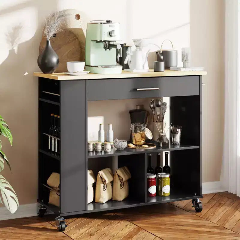 Celebalcony Isola Carrello da Cucina con Mobiletto Contenitore. Include Portaspezie a 3 Ripiani, Ruote Bloccabili e Maniglione per Asciugamani, Scaffale Aperto a 2 Ripiani per Cucina