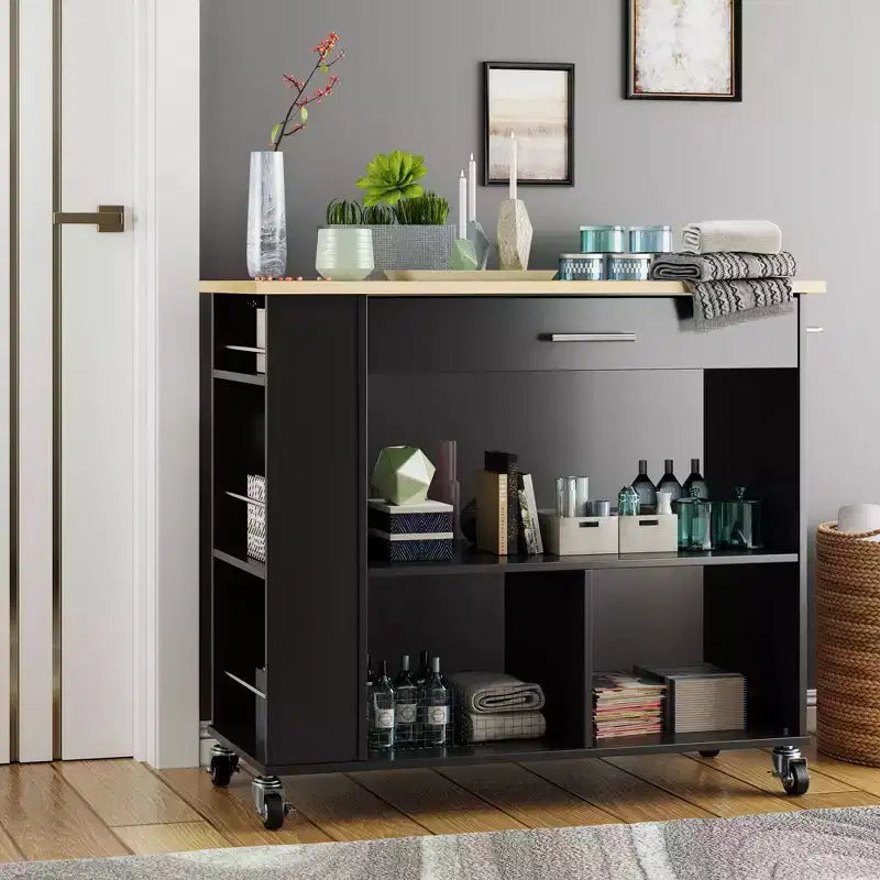 Celebalcony Isola Carrello da Cucina con Mobiletto Contenitore. Include Portaspezie a 3 Ripiani, Ruote Bloccabili e Maniglione per Asciugamani, Scaffale Aperto a 2 Ripiani per Cucina