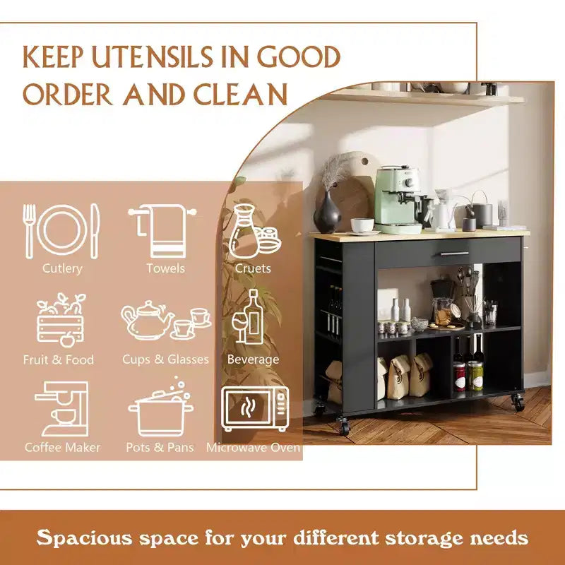 Celebalcony Isola Carrello da Cucina con Mobiletto Contenitore. Include Portaspezie a 3 Ripiani, Ruote Bloccabili e Maniglione per Asciugamani, Scaffale Aperto a 2 Ripiani per Cucina