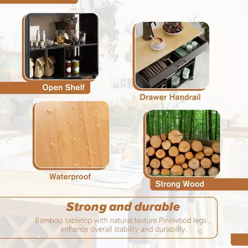 Celebalcony Isola Carrello da Cucina con Mobiletto Contenitore. Include Portaspezie a 3 Ripiani, Ruote Bloccabili e Maniglione per Asciugamani, Scaffale Aperto a 2 Ripiani per Cucina