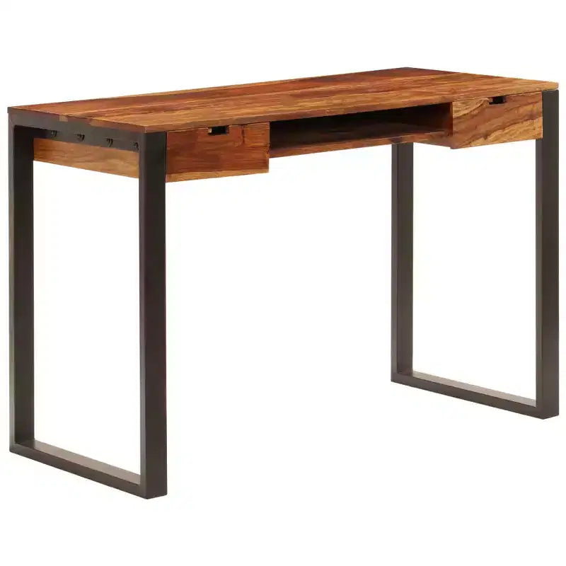 Scrivania in legno di acacia marrone, legno di acacia nero e acciaio verniciato a polvere