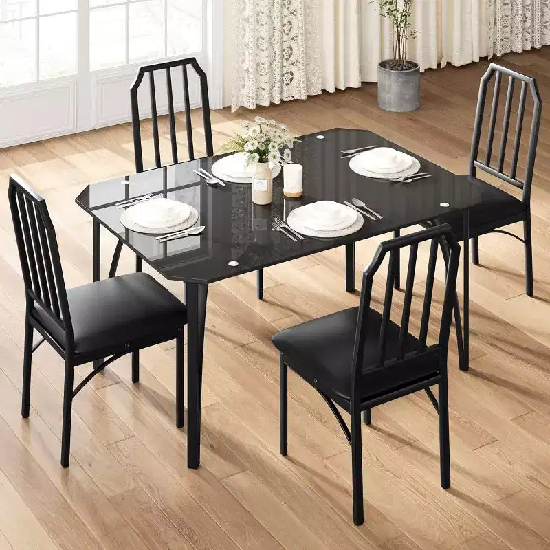 Set tavolo da pranzo in vetro con sedie imbottite, design con bordo smussato, mobili da pranzo compatti per piccoli spazi, appartamenti e cucine domestiche