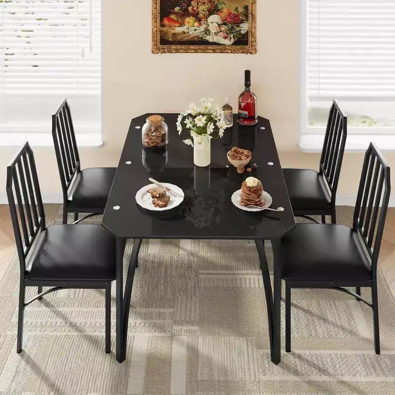 Set tavolo da pranzo in vetro con sedie imbottite, design con bordo smussato, mobili da pranzo compatti per piccoli spazi, appartamenti e cucine domestiche