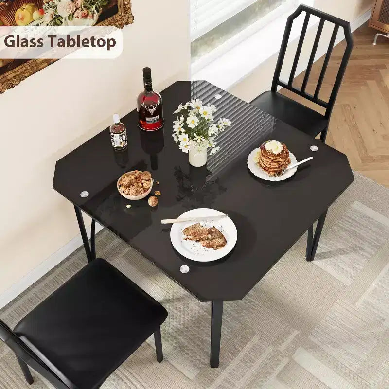 Set tavolo da pranzo in vetro con sedie imbottite, design con bordo smussato, mobili da pranzo compatti per piccoli spazi, appartamenti e cucine domestiche